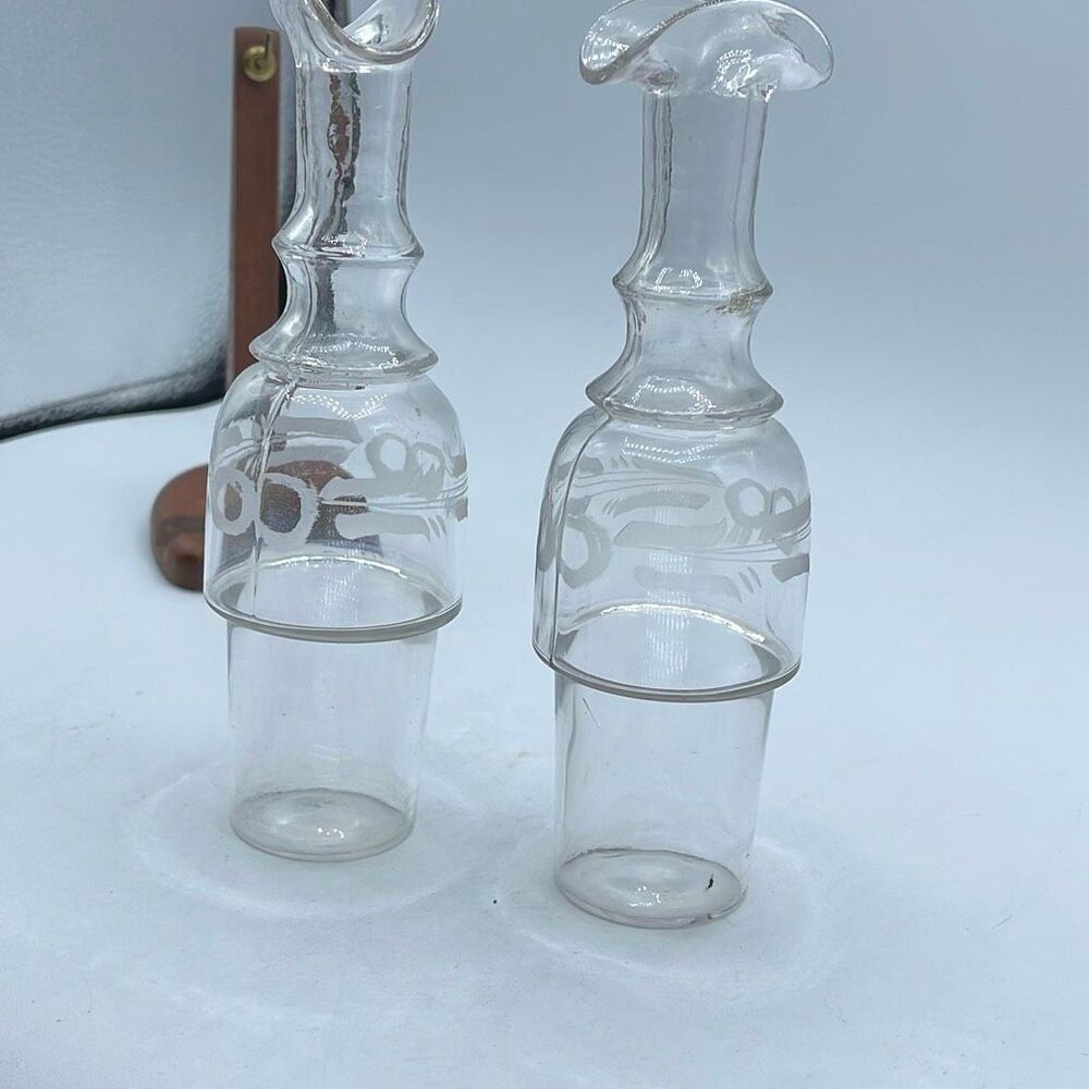 Victorian Era etched glass cruet bottles (2) . Replacement for castor sets .
